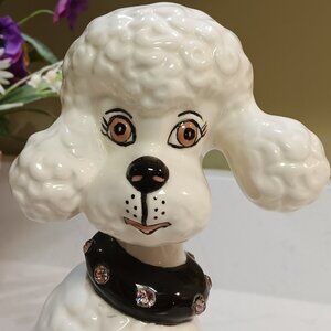 Vintage Large Ceramic Curly Poodle Figure with Pink Diamond Studded Collar 11"